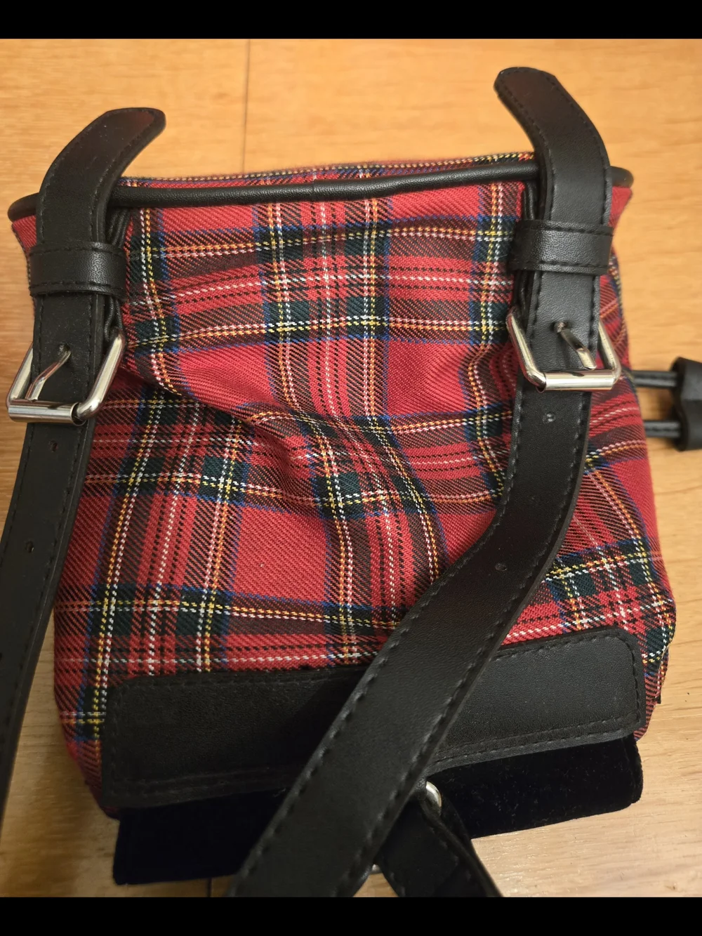 Vintage GAP Red Tartan Drawstring Bucket Bag with Black Accents